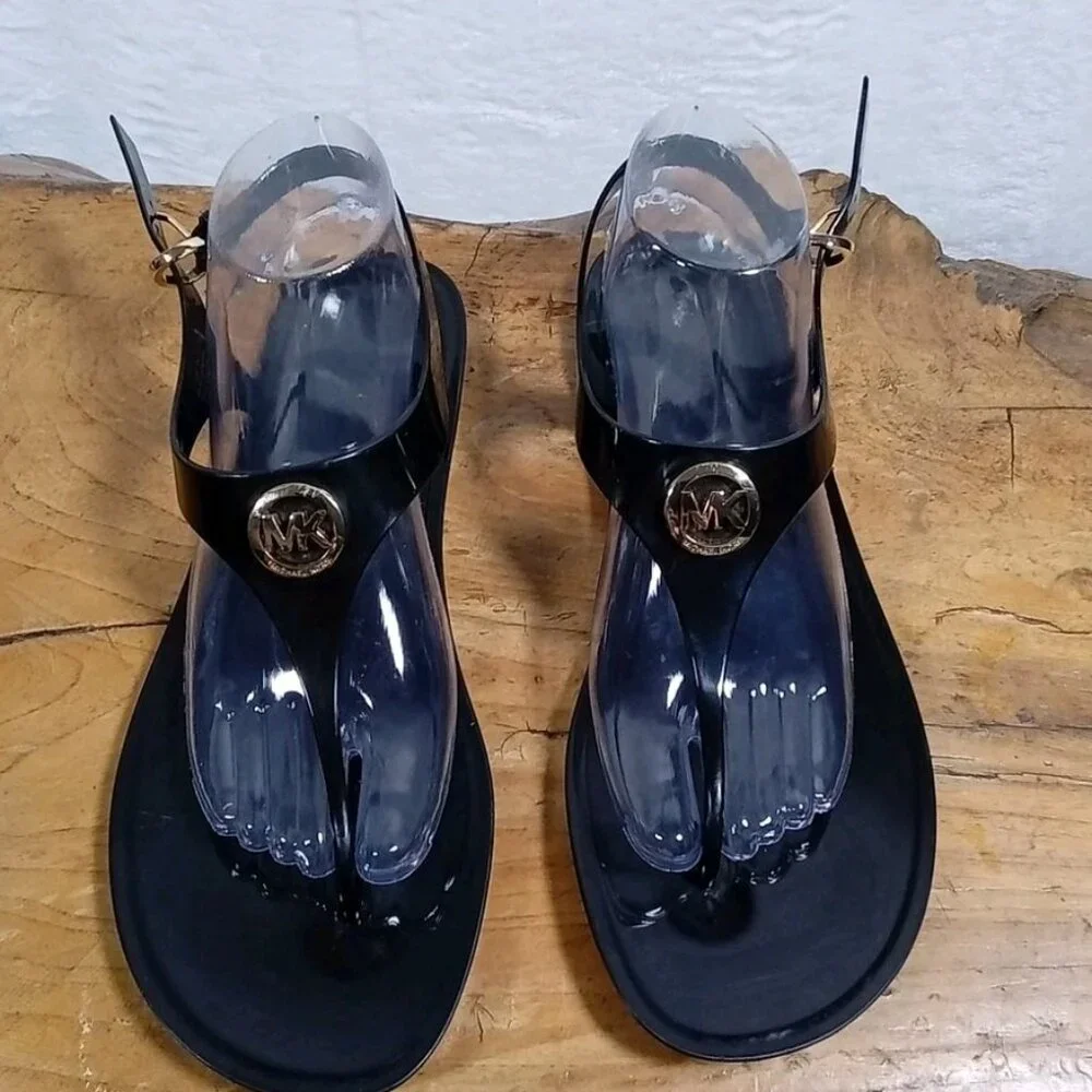 Michael Kors Black Lillie PVC Jelly Thong Sandals Womens Size 8 Big Silver MK